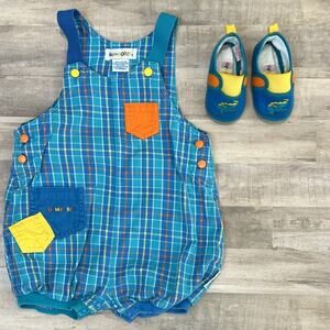 GYMBOREE 90's Boys Aqua Blue Plaid Color Block Romper Crib Shoes 9-18 Months Vtg
